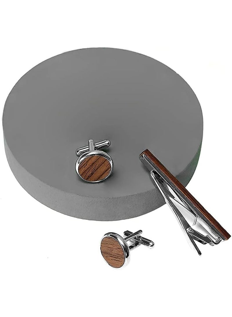 YelaJoy Tie Clip and Cufflink Sets 2 inch for Men Tie Clips Sets for Men Wood Inlay Ties Clip & Round Cufflinks with Gift Box Ties Clips Set for Formal Business Wedding - Image 5